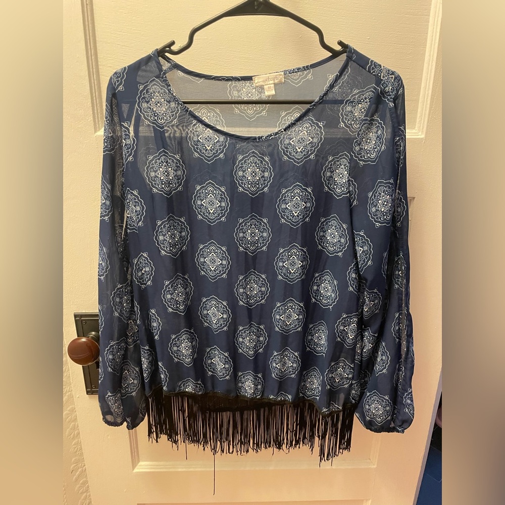Charming Charlie Navy and White Medallion Fringe Blouse